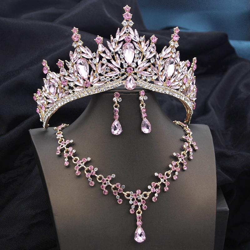 Queen Bridal Jewelry Sets for Women Pink Tiara Wedding Dress Crown With Necklace Earring Set Party Birthday Costume Accessories