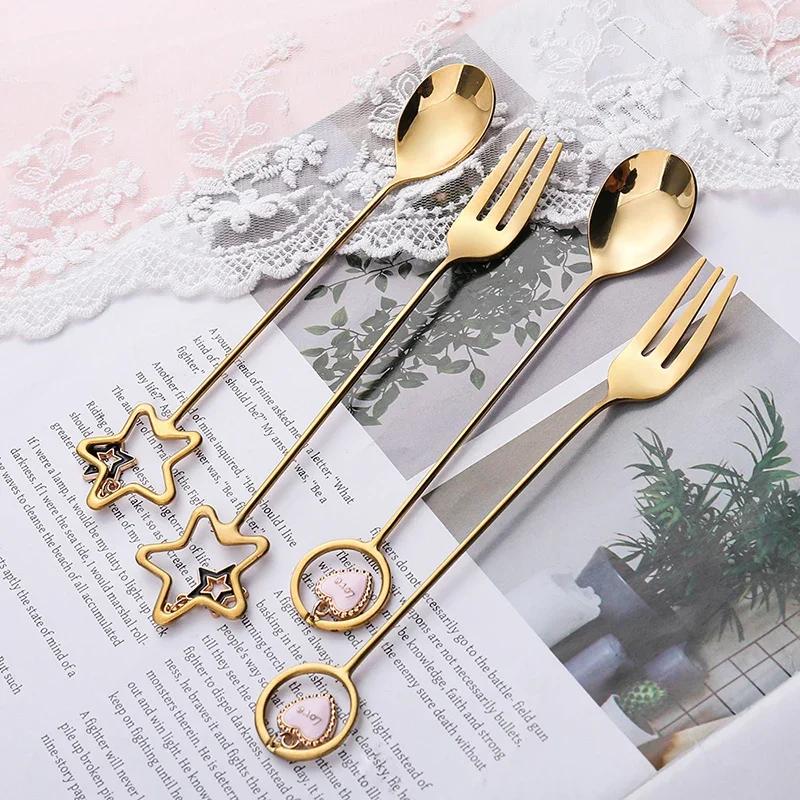Cuillère à café en acier inoxydable 304 Cuillère à glace pastèque Cuillères à thé Cuillère à dessert Fourchette Avec joli pendentif Vaisselle créative