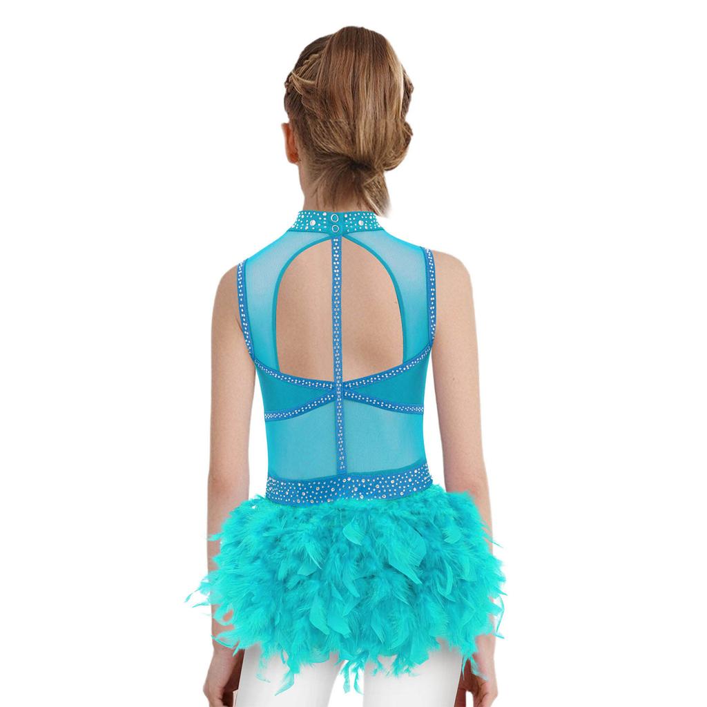 Dívčí bezrukávový trikot s vykrojenými zády, lesklými kamínky a barevnými bloky, s péřovou sukní, kostým pro jazzový, latinskoamerický tanec