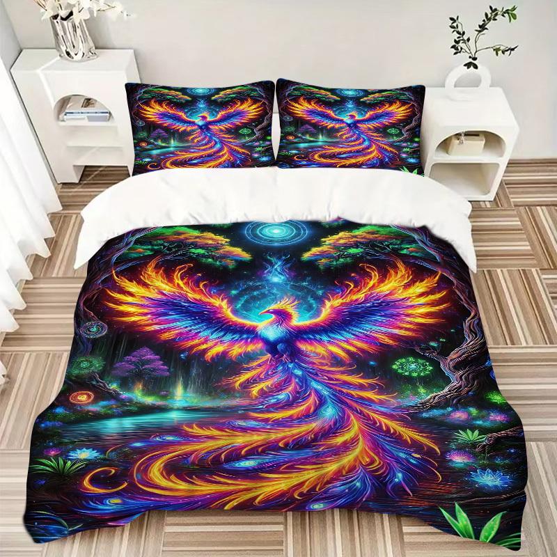 3PCs Psychedelic Phoenix Design Cover Set, Breathable Fabric, Machine Washable (1 Duvet Cover + 2 Pillowcases) (Without Quilt) yy250911176