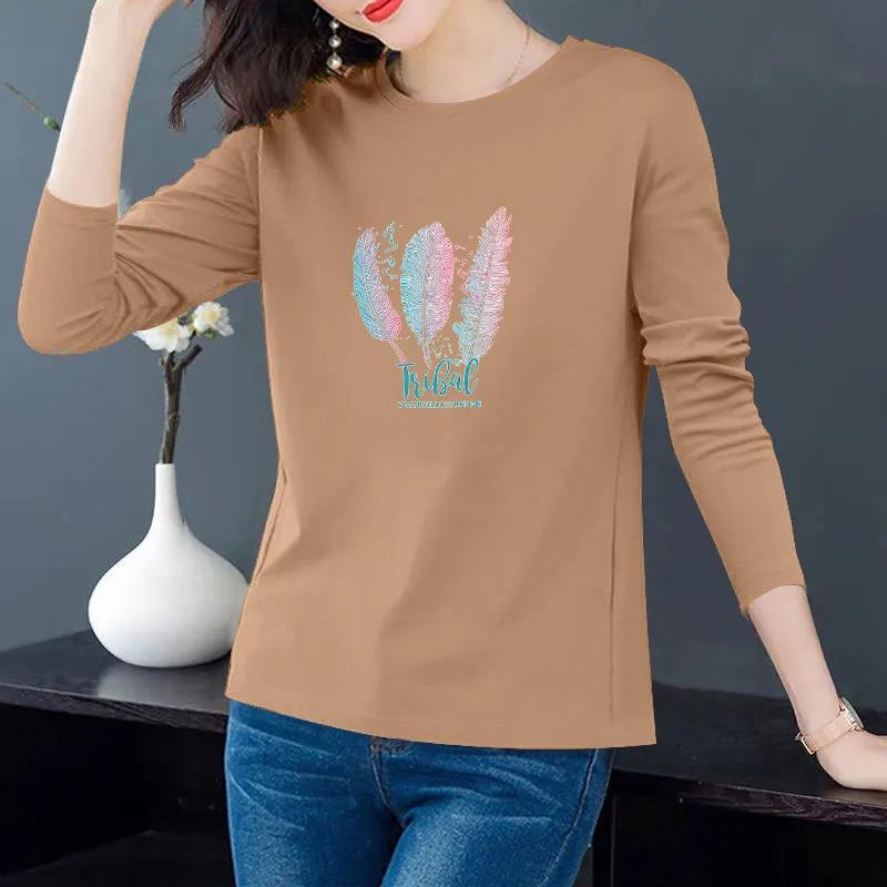 Baumwolle Frühling und Herbst Koreanischer Stil Langarm T-Shirt Damen Locker Übergröße Damen Rundhals Oberteil