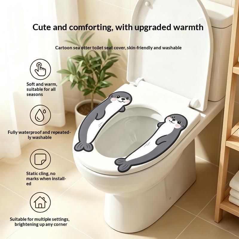 Cute Seal Toilet Seat Cushion Soft Warm Waterproof Washable Traceless Installation For Home Bathroom All Seasons Use