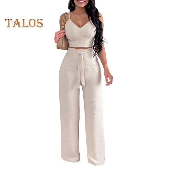 

Комплект из двух предметов для женщин: укороченный топ без рукавов с V-образным вырезом и широкими брюками, повседневная летняя одежда для отдыха на пляже S абрикосовый