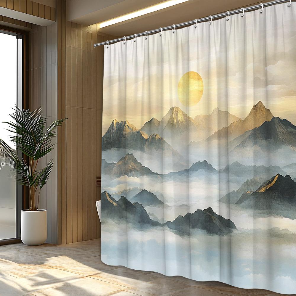 1pc Serene Mountain Shower Curtain - Misty Sunrise, Snow-Capped Peaks & Fog, Polyester, Bathroom Decor
