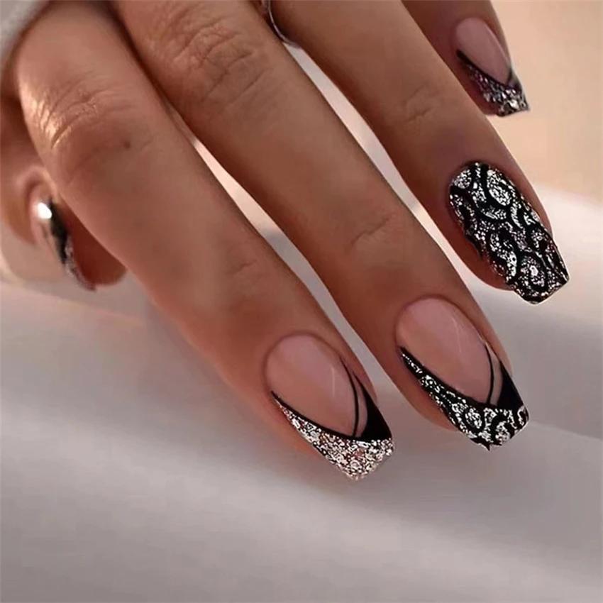 24 Stück Mittellange Acryl-Press-On-Nägel French Tip Falschnägel Set Abnehmbare Künstliche Nagelspitzen für Damen