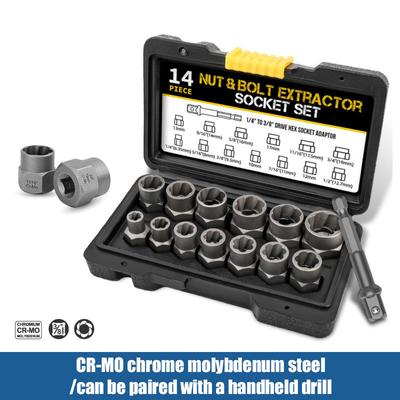 14 Pieces Impact Bolt&Nut Remover Set Cr-Mo Steel Bolt Extractor Tool with Storage Case Applicable To Zhongfei Wrench, Electric Drill