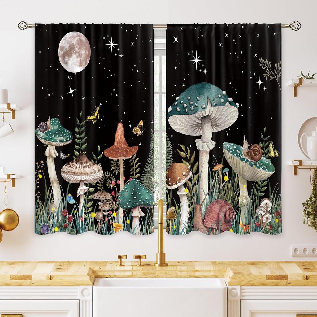 Green Boho Flower Small Kitchen Curtains Flower Plant Window Treatment Botanical Herb Chic Rod Pocket Cafe Short Window Curtains