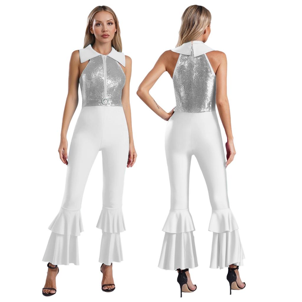 Tuta da Ballo Scintillante con Paillettes per Donna: Senza Maniche con Collo a Revers, Zip con Strass e Fondo a Zampa d'Elefante per Performance