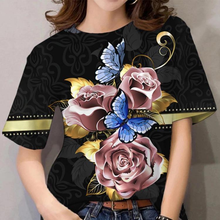 Women's Casual Oversized T Shirt Y2K Harajuku Floral Print Short Sleeve O Neck Daily Tees Tops Luxury Blouse