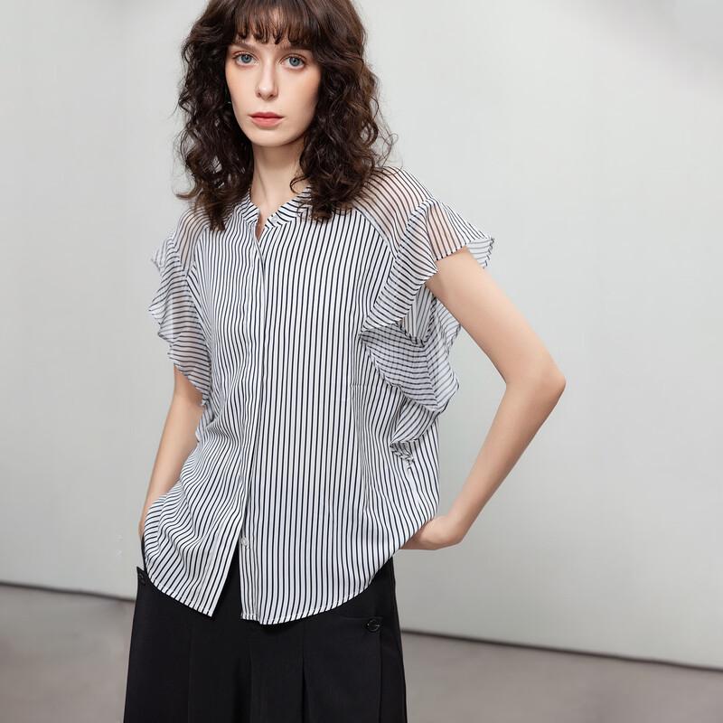 Women s Striped Chiffon Ruffle Pullover Blouse S