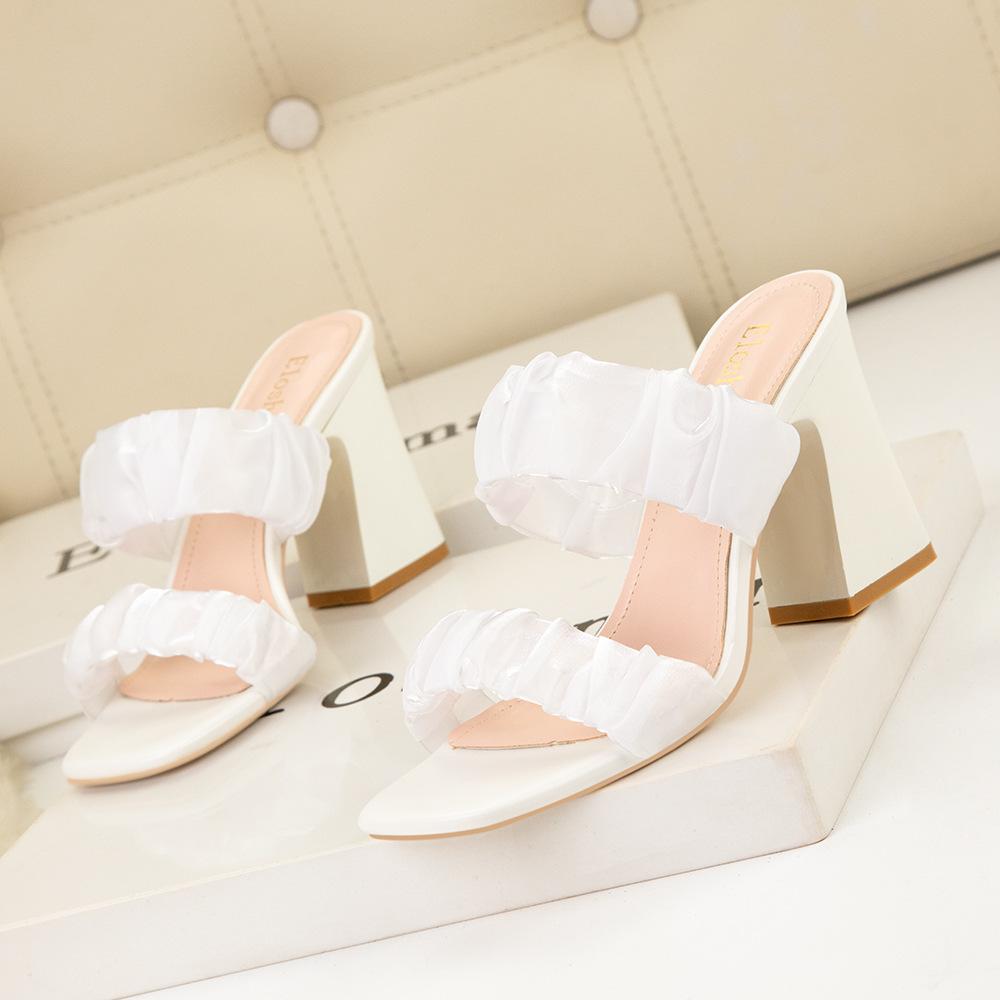 Simple solid color square head + drag open-toed thick heel high heels with transparent outer sandals women