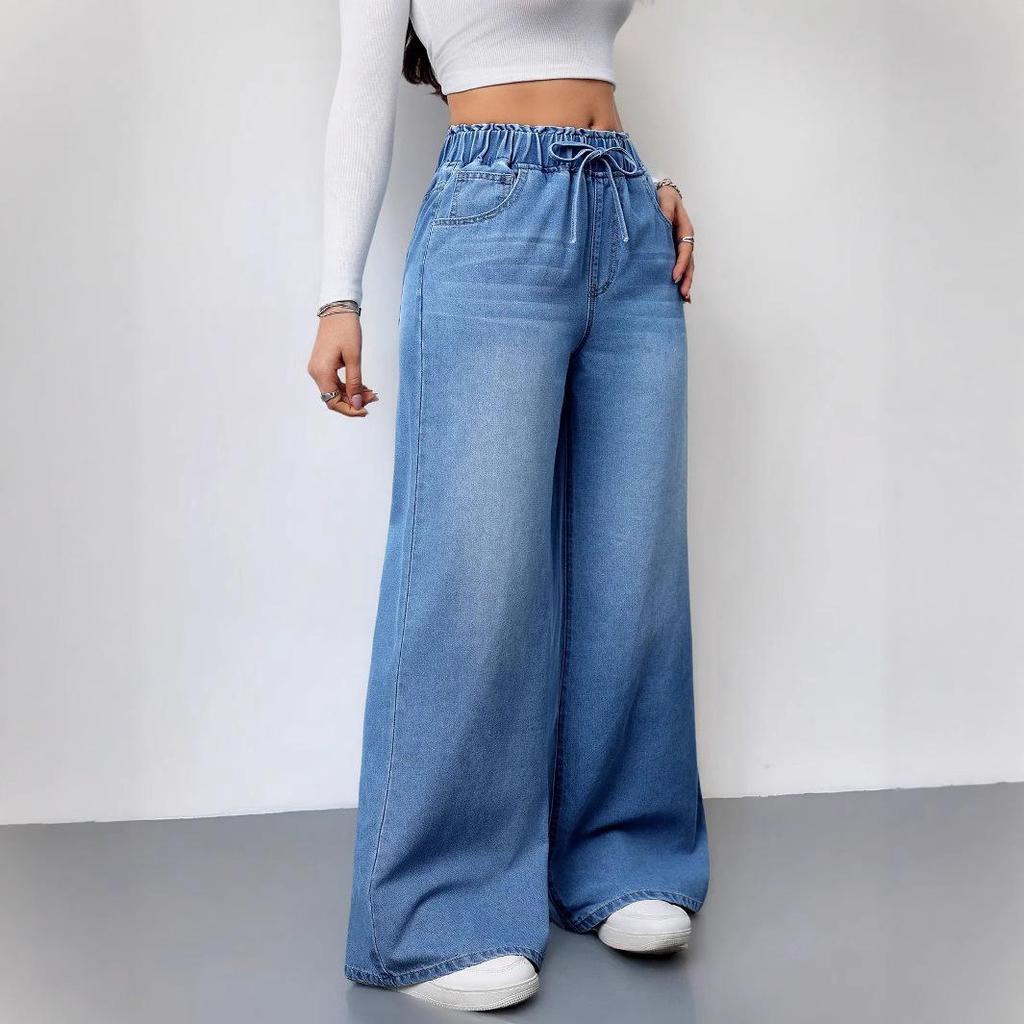 Women's High-Waisted Elastic Wide-Leg Jeans 2025 - Solid Color, Water-Washed, Slimming, Loose Fit