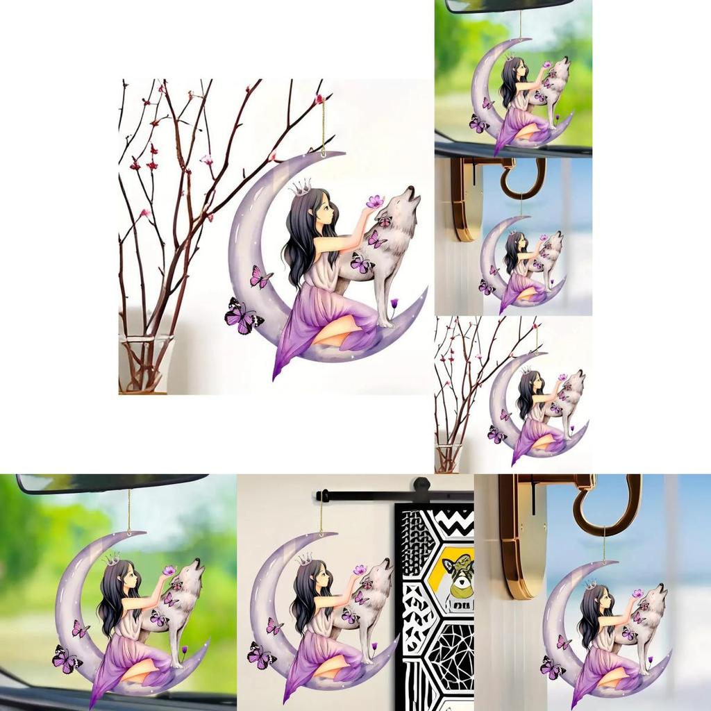 Colorful Acrylic Cartoon Floral Moon Girl Wolf Butterfly Car Pendant For Unique Auto Style