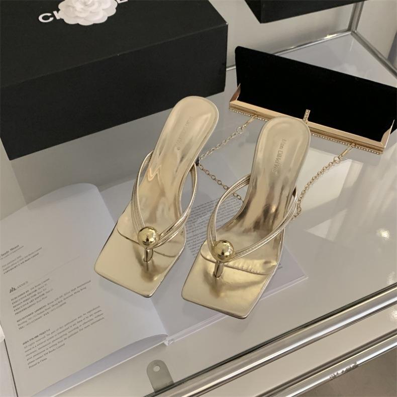 

Fashion Fashion Clip Toe Pearl Slides Women Slippers Gladiator Sandals Summer Party Solid Square Toe Thin High Heels Flip Flops Shoes 35 золотой