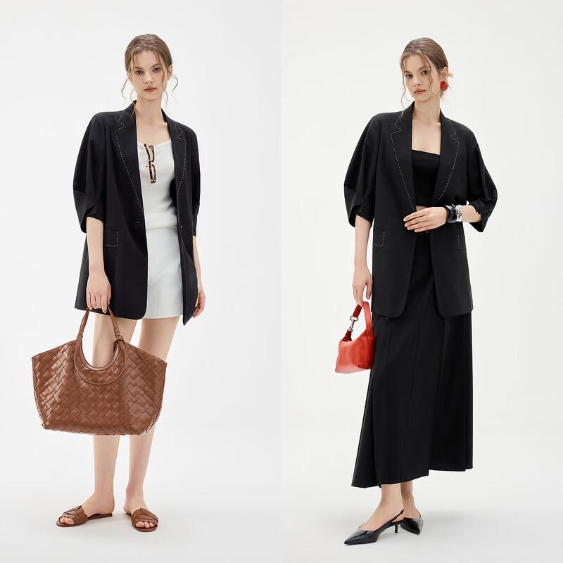 ELLE Color-Block Loose-Fit Linen Blend Blazer