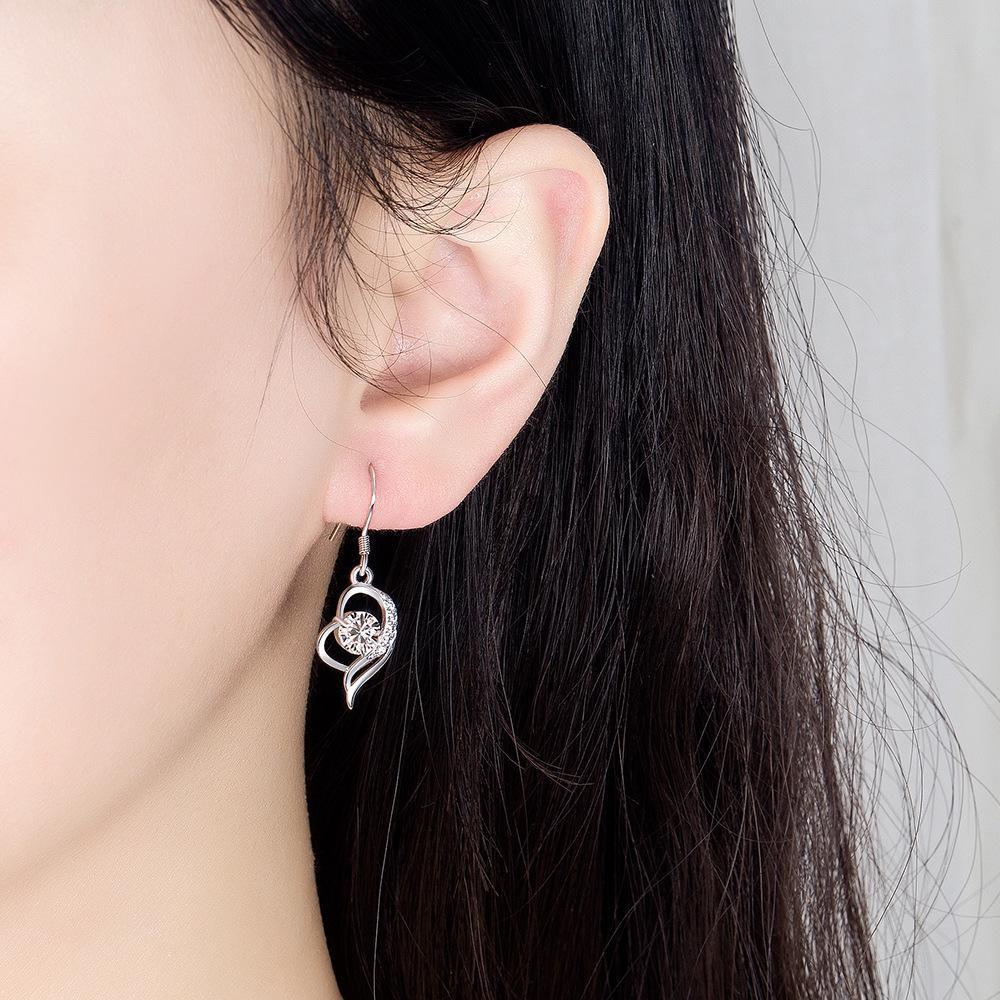 Japanese & Korean Zircon Silver-Plated Fashion Earrings: Elegant Medium-Length Hooks with Heart Details for Women