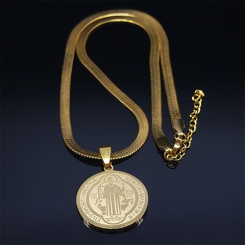 Men's Stainless Steel Saint Benedict Pendant with Hip Hop Snake Chain Necklace