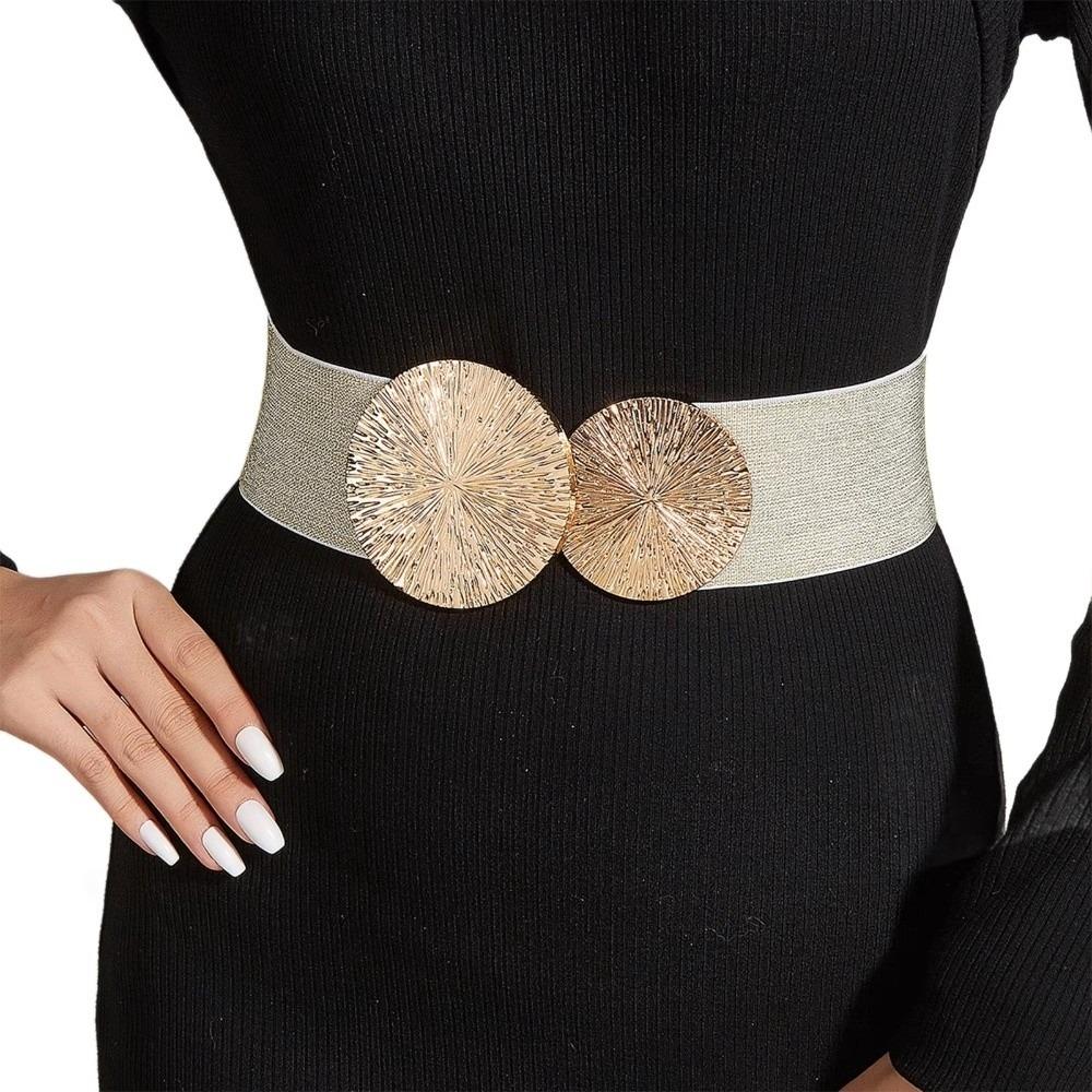 Solid Color Women Waist Belt Waistband Slimming Wide Elastic Belt Coat/Dress Accessories Chunky-Gold Discs Round Belts