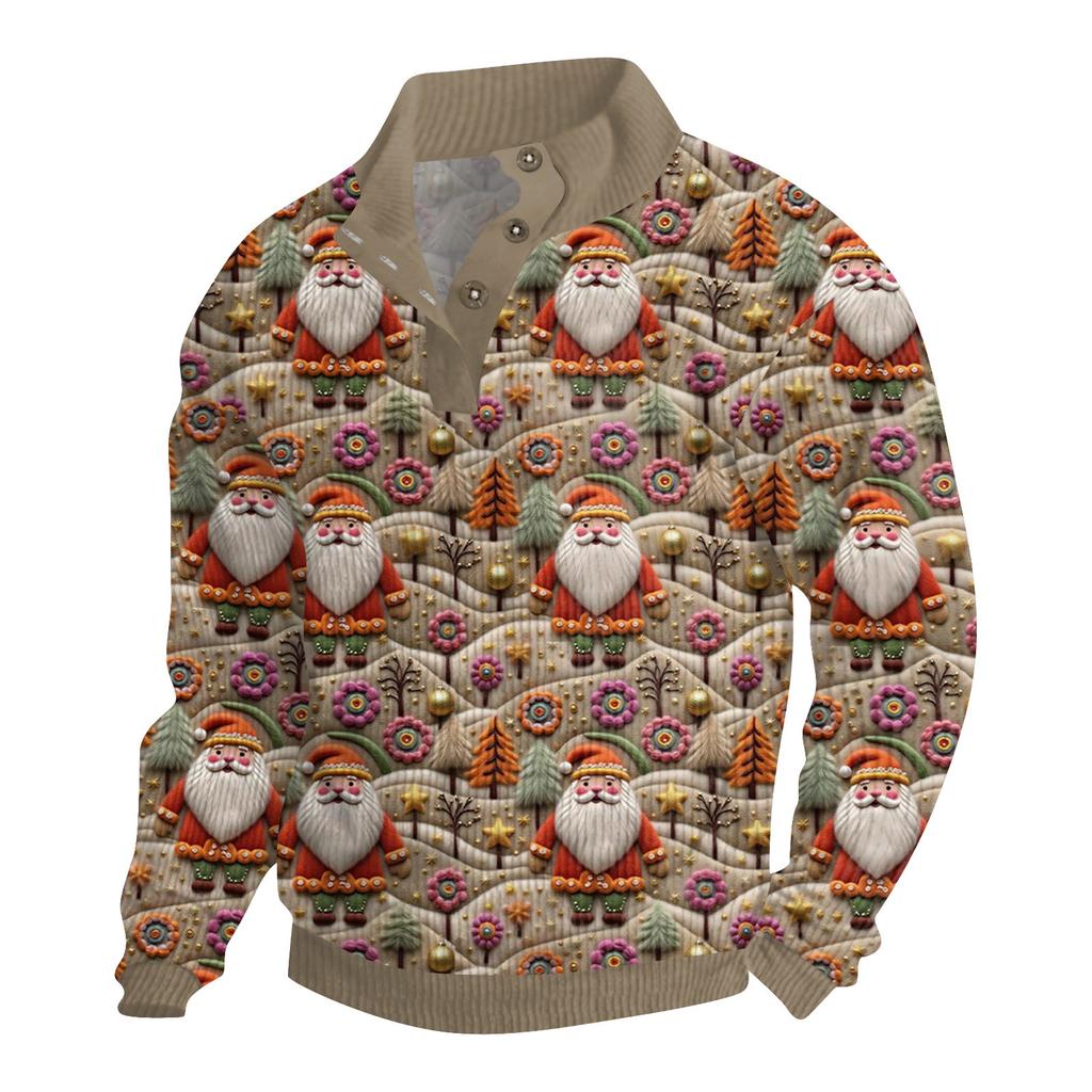 Men's Christmas Cotton Pullover Long Sleeve Outdoor Shirt Vintage Corduroy Button Stand Collar Shirt Casual Sweatshirt Christmas Print Top