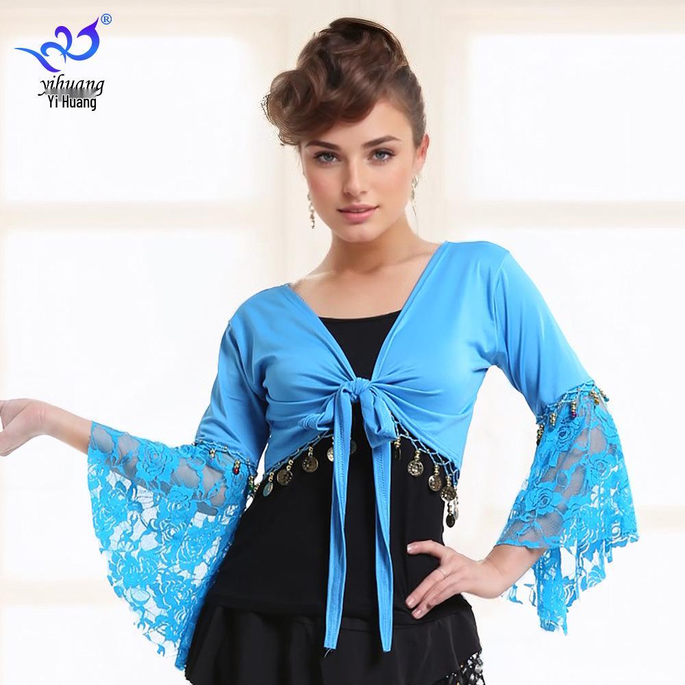 Belly Dance Lace Top with Flared Sleeves and Tassels for Performances