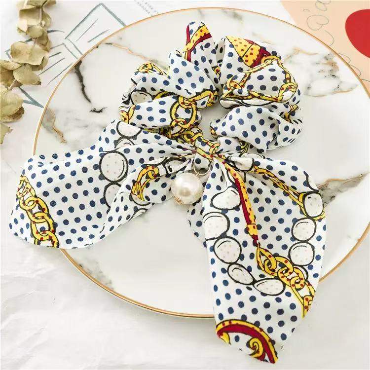 Chiffon Bowknot Silk Hair Scrunchies Women Pearl Ponytail Holder Hair Ties Hair Rope Rubber Bands Headwear Hair Accessories