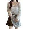 Rhombus Lazy V-neck Hollow Long-sleeved Knitted Sweater Women's Spring and Summer Hem Irregular Sunscreen Blouse Knitted Top