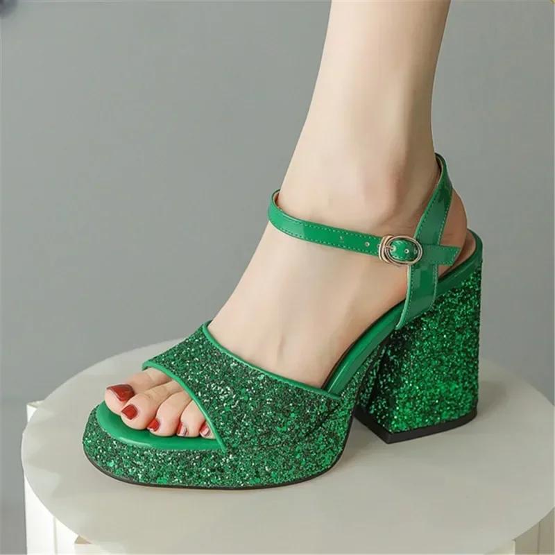 Damen Glitzernde Pailletten Plateau Sandalen Silber Gold Party Schuhe Sommer Absatz Chunky Heel Peep Toe Pailletten Damen Pantoletten Sandalen