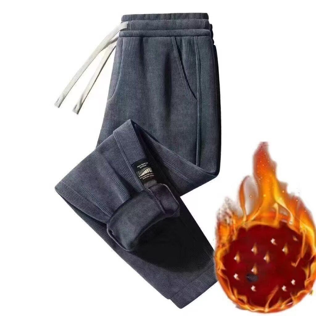 Herren Bequeme Cord Freizeithose Locker mit Bändern an den Beinen, Herbst Winter Übergröße Plüsch und Verdickt Vielseitige Jogginghose