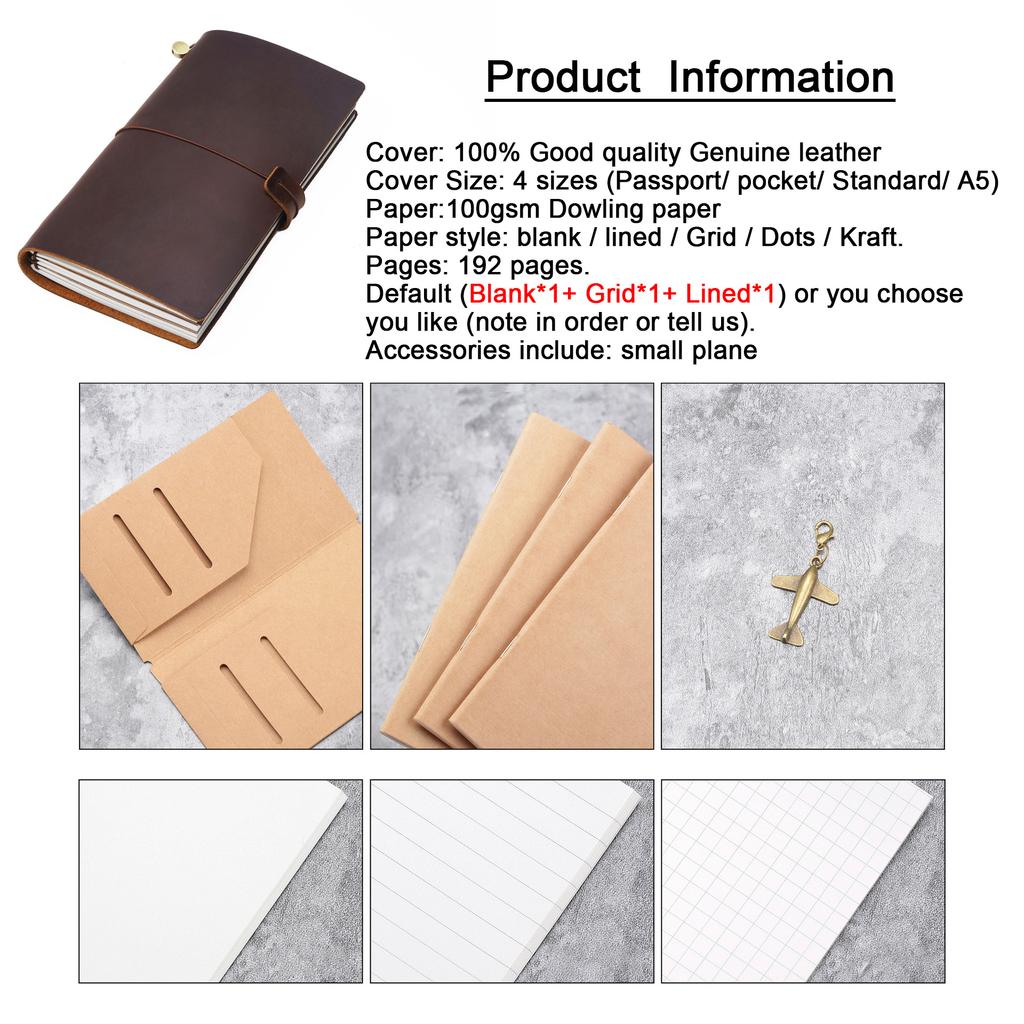 100% Genuine Leather Journal Refillable Travel Notebook Retro DIY Handmade Diary Sketchbook School Office Gift