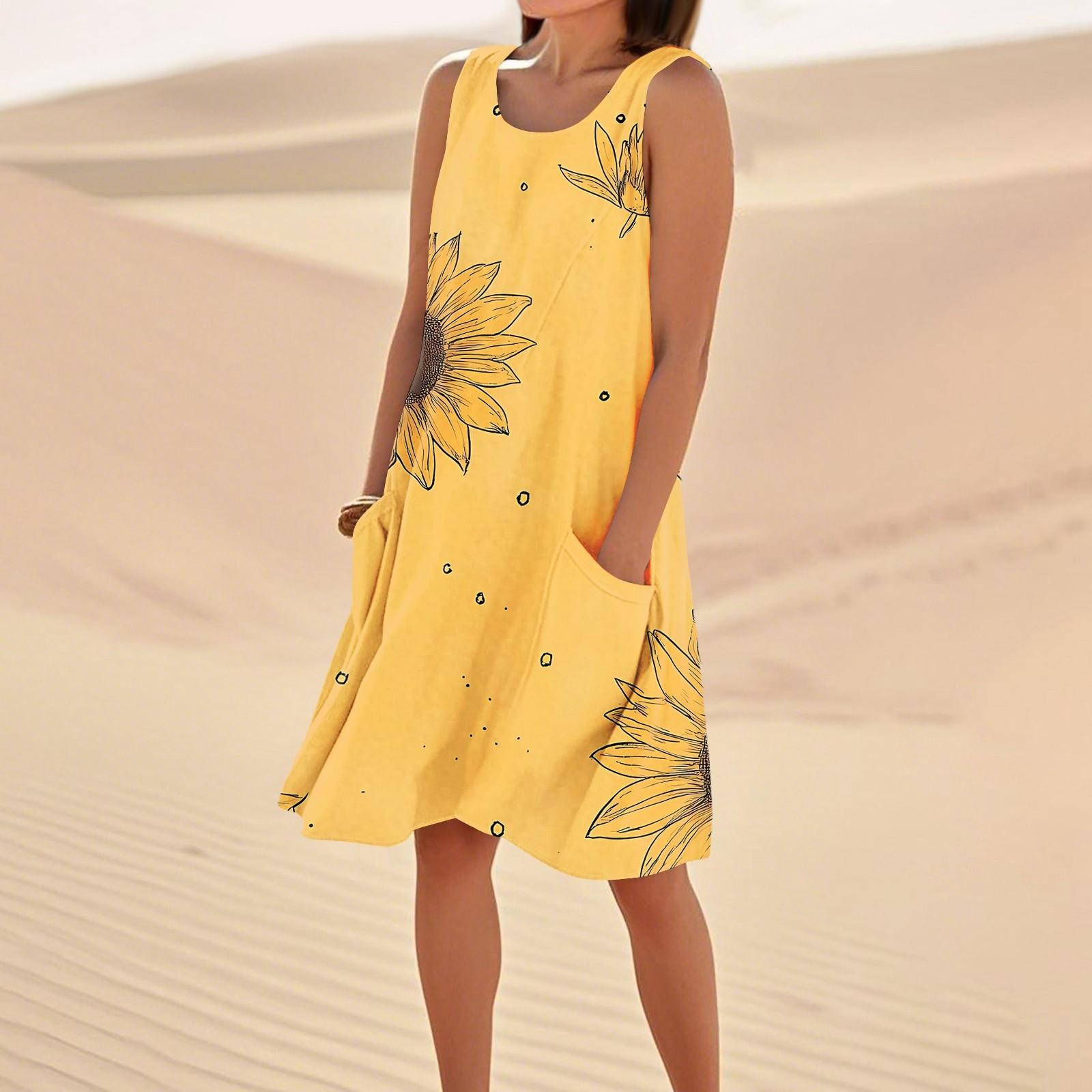

Print Dresses For Women Loose Beach Vacation Casual Sleeveless Sundresses With Pockets Tank Dress S помаранчевий