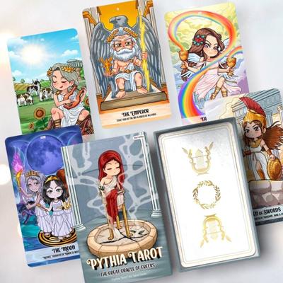 12*7cm Pythia Tarot Wasserdichte UV-Beschichtung | Einzigartiges Indie-Tarot-Deck für Anfänger | Die griechischen Götter | Niedlicher Märchen-Cartoon | Foliengoldrand