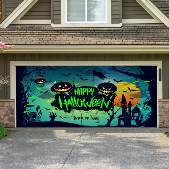7 X 16ft Halloween Garage Door Cover Large Skeleton Graveyard Hanging Backdrop Door Banner for Halloween Yard Front Porch Wall Decoration