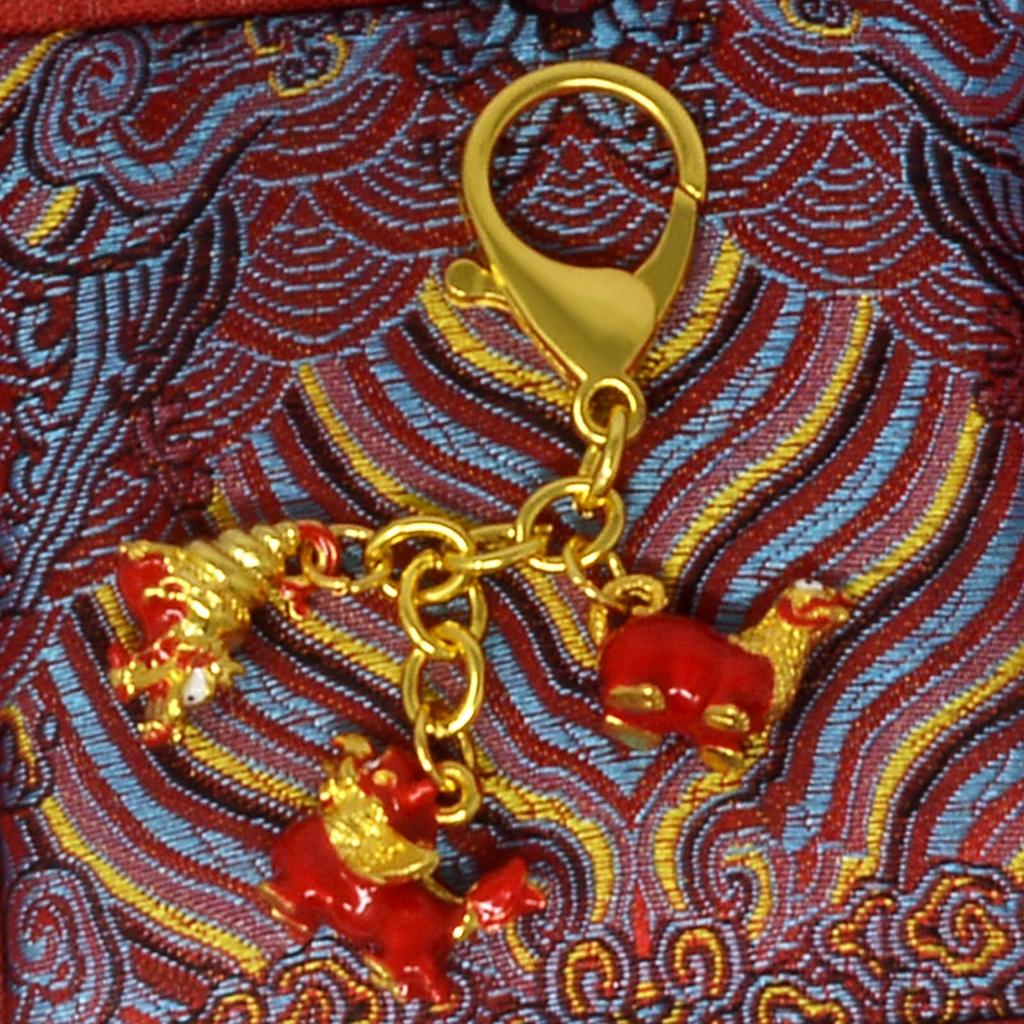 Feng Shui Three Harmony Animal Keychain, Harmony Balance Amulet, Lucky Wealth, Dragon, Turtle, Lion, Red, 3.741 inch