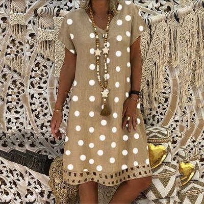 Damen Sommer Polka Dot Kurzarm V-Ausschnitt Bedruckte Midikleider