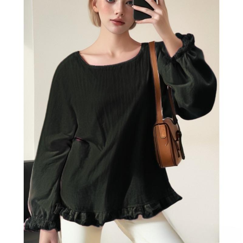 Women's Cotton and Linen T-shirt Loose Ruffled Sleeves Round Neck Long-sleeved Shirt