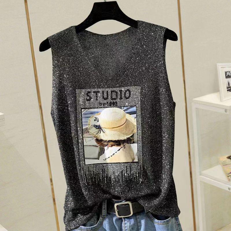 2023 Shiny Silk Sleeveless V-Neck Women's Vest - Spring/Summer New Style, Loose Fit with Hot Diamond Sling Knitted Design