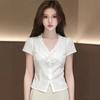 White V-neck short-sleeved shirt, summer new fat sister waist design sense work commuter shirt