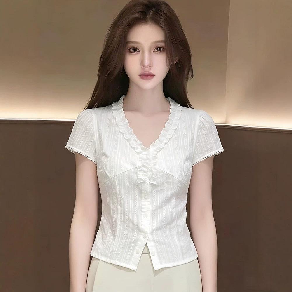 White V-neck short-sleeved shirt, summer new fat sister waist design sense work commuter shirt