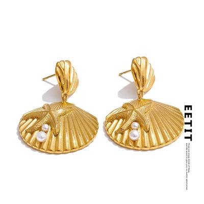 Ocean Style Pearl Metal Shell Starfish Dangle Earrings PVD Plated 2025 Stainless Steel Trendy Statement Jewelry Accessory