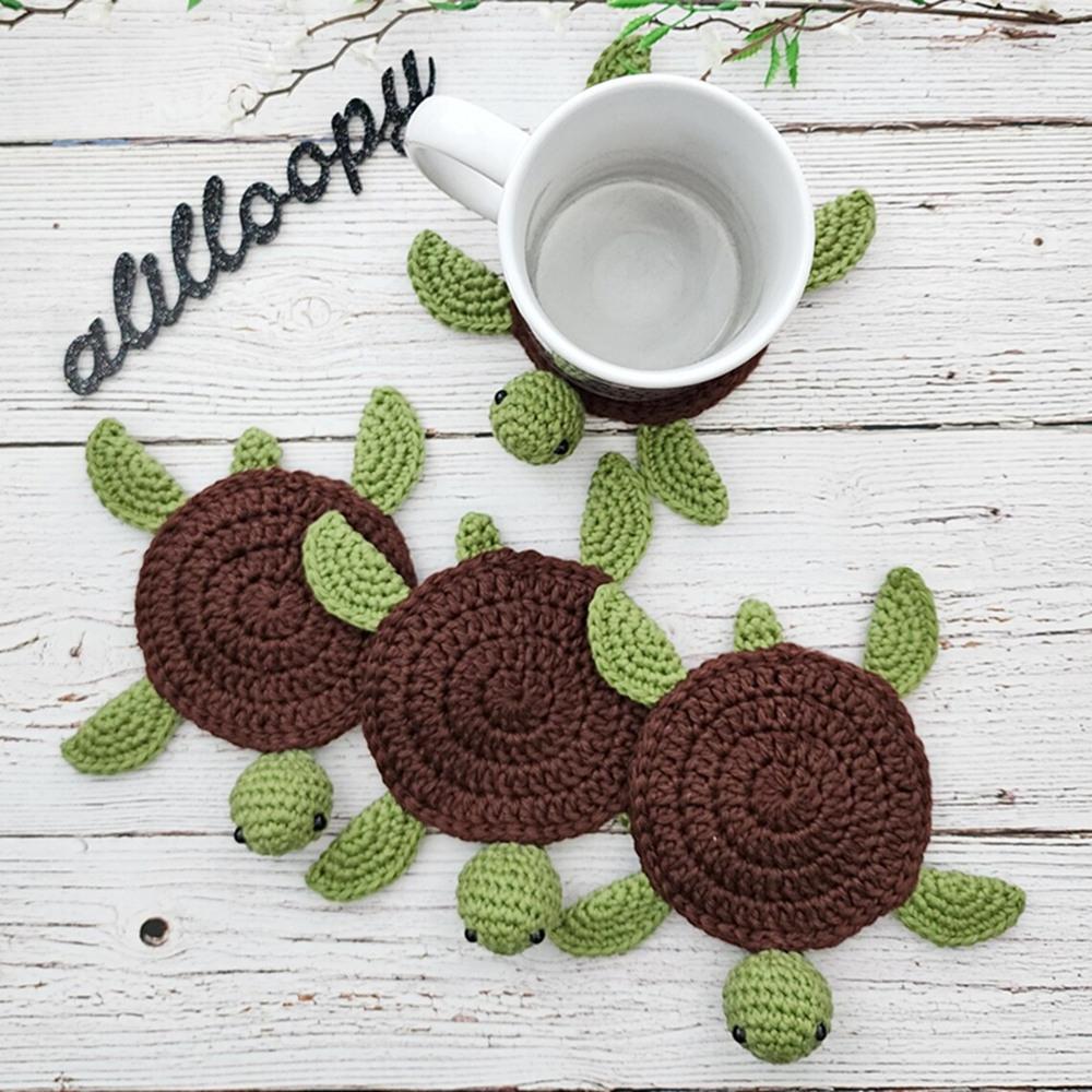 4 Pcs Crochet Turtle Coasters SetFunny Handmade Woven Drink MatsCute Shell Shaped Mug Cup MatTable Desk Decor