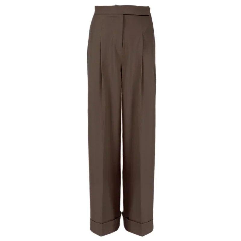 Módní plisované kalhoty se širokými nohavicemi Podzimní jednobarevné kalhoty k obleku s vysokým pasem a kapsou Elegantní dámské kalhoty do kanceláře 24307