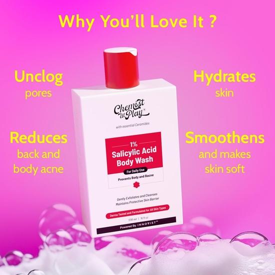 Chemist at Play 1% Acido Salicilico Bagnoschiuma 236ml | Senza Parabeni & SLS | Gel Doccia Esfoliante Delicato | Previene Acne Corporea, Pelle Irregolare