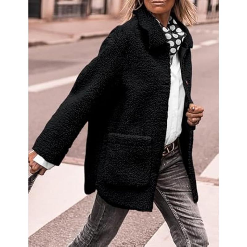 Lamb Wool Coat for Women Long Sleeves Turndown Collar  Medium Length Cotton Jacket Solid Color Warm Comfortable Autumn and Winter