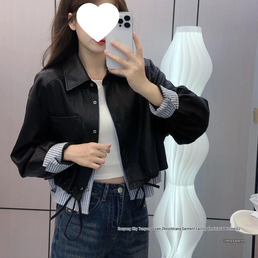Women's Trendy Faux Two-Piece PU Leather Motorcycle Jacket - Short, Stylish Spring/Autumn Outerwear