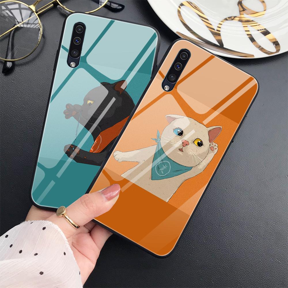 Cute Cat Animal Case For Samsung Galaxy A52 A71 A72 A70 A73 A53 A13 5g A03 A22 A21s A03 Core A42 Cartoon Tempered Glass Cover