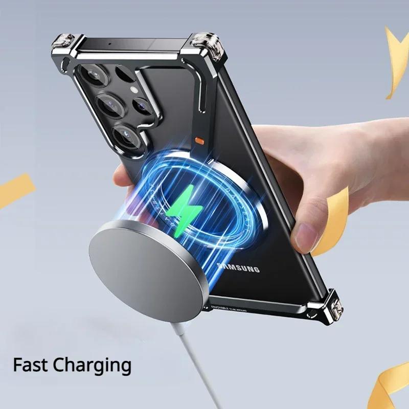 Z Shape Titanium Metal Phone Case for Samsang Galaxy S24 S25 Ultra S24Plus Phone Magsafe Bumper W/ 360° Magnetic Rotation Holder
