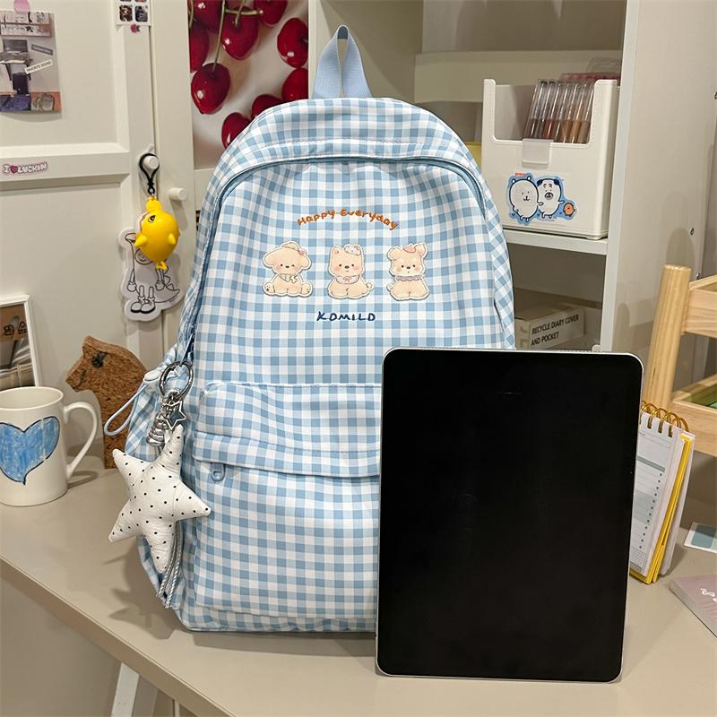 Plaid Student Schoolbag Cartoon Puppy Backpack