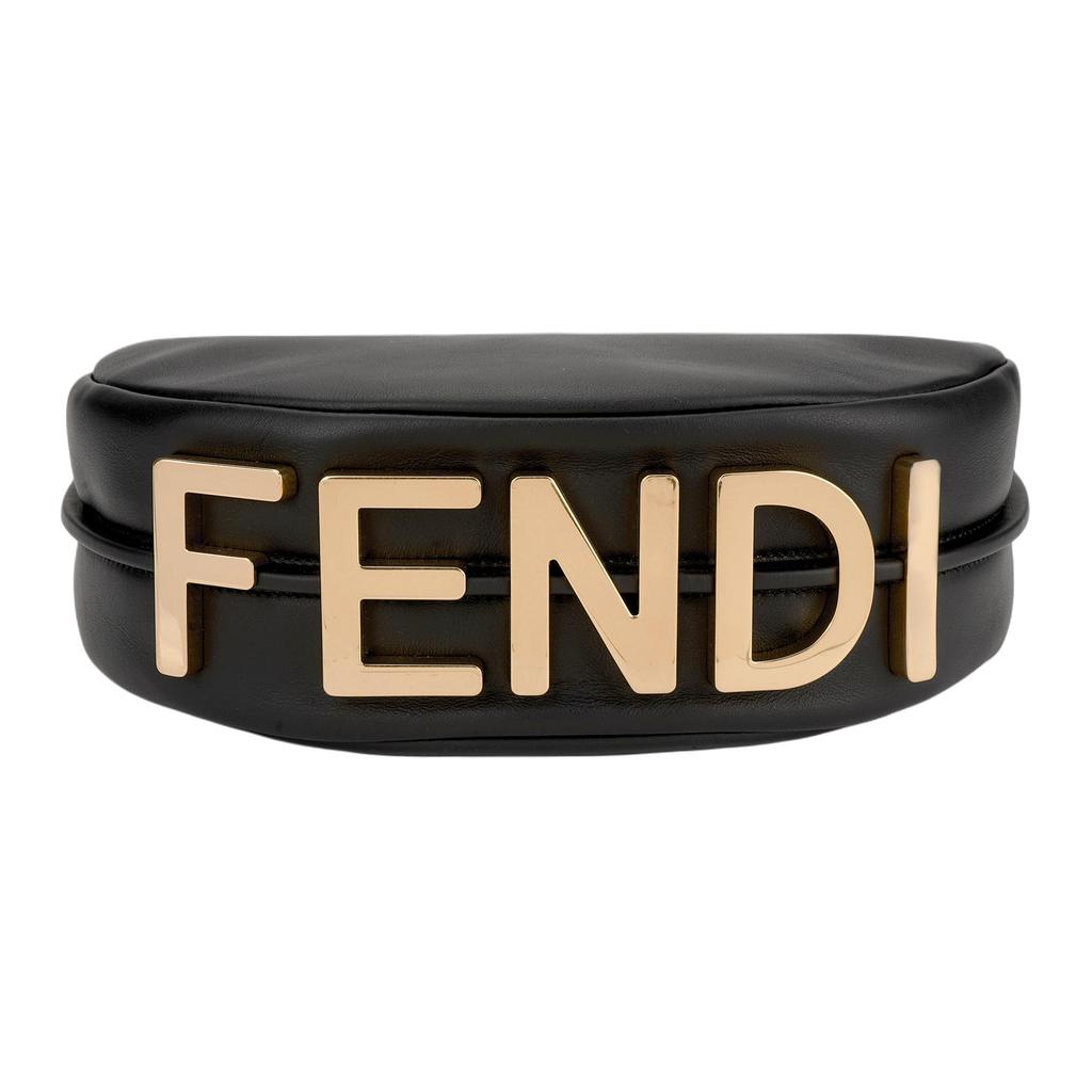 Fendi Graphy Metal Logo Adjustable Shoulder Strap Calfskin Crescent Bag Women Handbags Black 8BR798-A5DY-F1HEJ