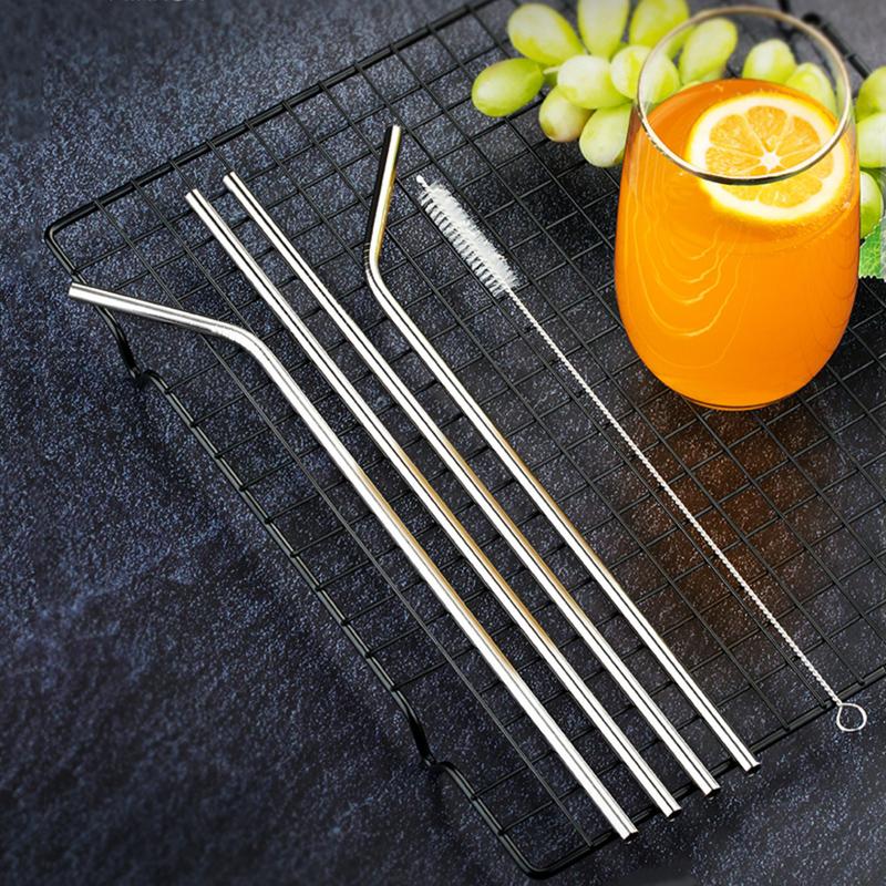 4Pcs Stainless Steel Straws Reusable Drinking Straws 8 Inch Metal Straight Bent Straw Set with Cleaning Brush Bar Party Supplies