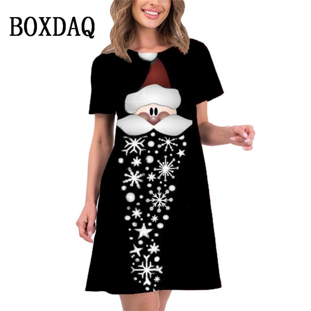 2026 new summer women's elegant christmas tree print mini dress short-sleeved loose casual beach sweet dress